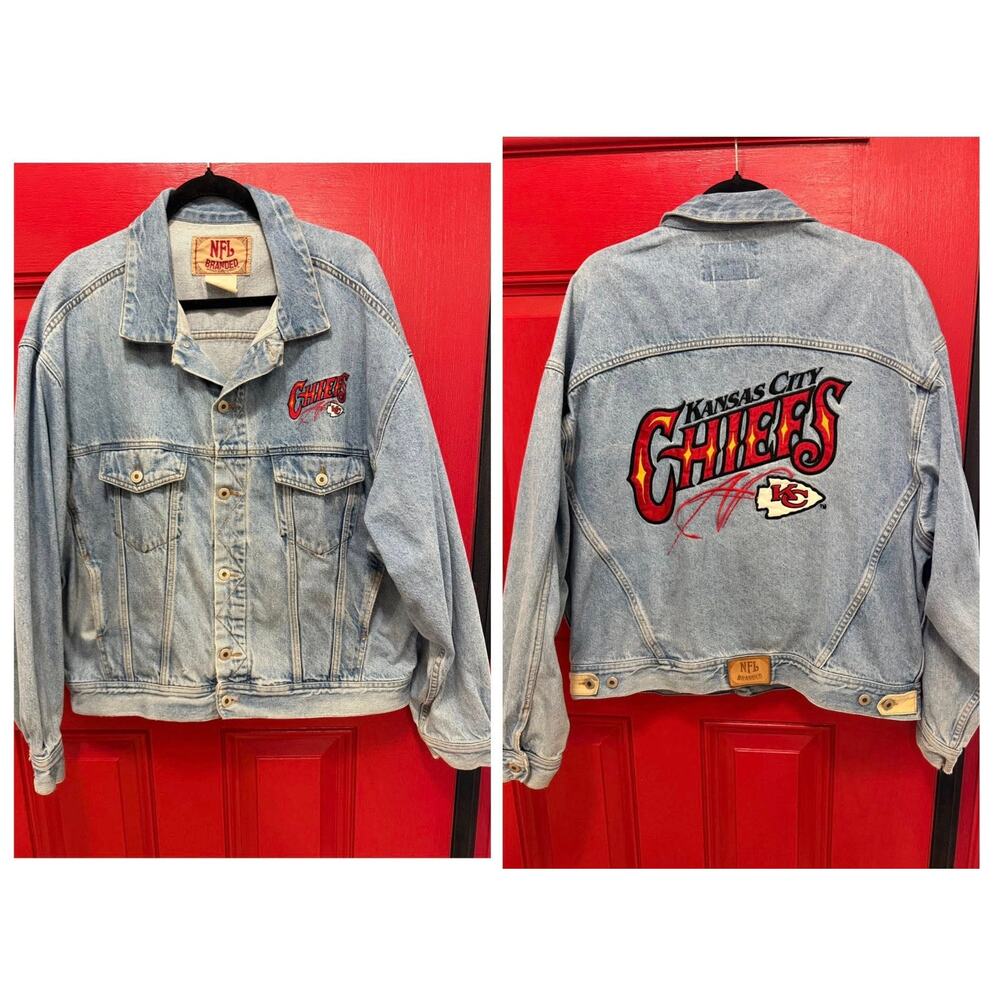 Vintage Kansas City Chiefs NFL Branded Denim Jean Jacket XL Embroidered Logo 90s